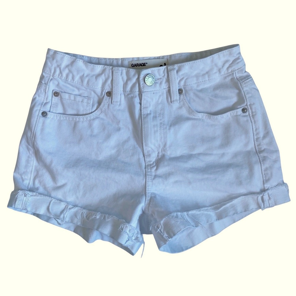 GARAGE Mom Shorts White Denim Cuffed Raw Hem Distressed Size 01